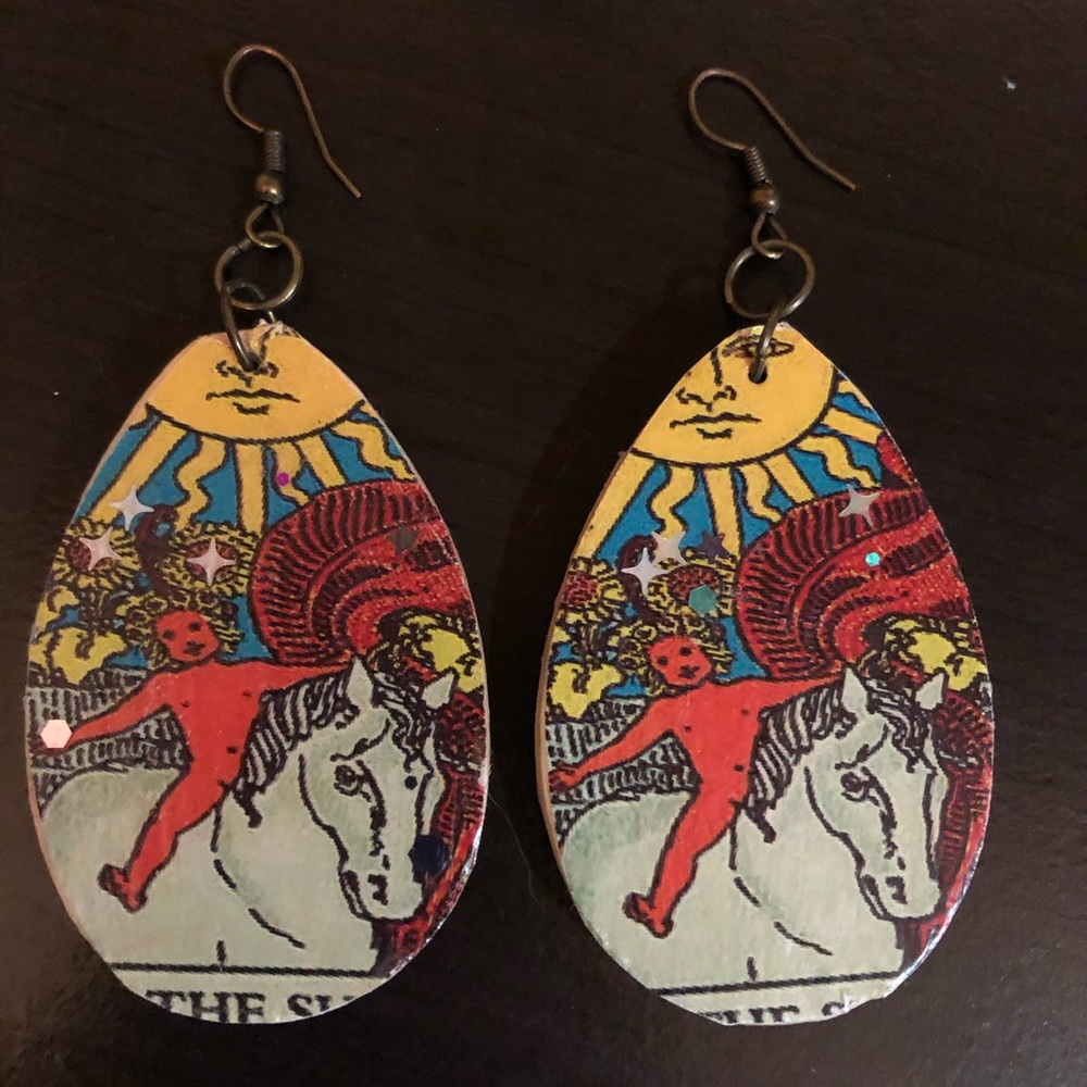 Wood Sun Tarot Card Earrings